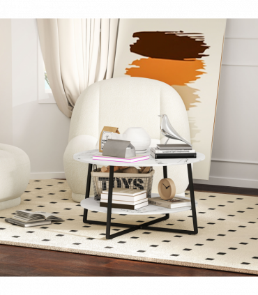 HOMCOM Round Coffee Table with Storage Shelf and Marble Effect Top, White