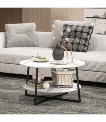 HOMCOM Round Coffee Table with Storage Shelf and Marble Effect Top, White