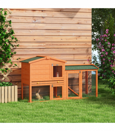 PawHut Wooden Rabbit Hutch with Run, Ramp, Slide-out Tray, Orange