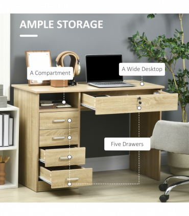 Computer Desk Writing Desk with Five Drawers for Home Office Oak