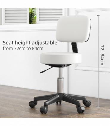 Swivel Salon Chair - Adjustable Height 43-55cm - Padded Seat Back 5 Wheels White