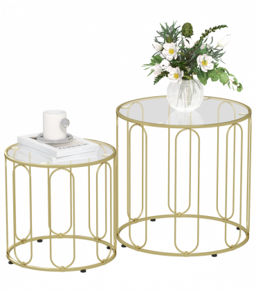 HOMCOM Coffee Table Set of 2, Nest of Tables with Metal Frame, Gold Tone