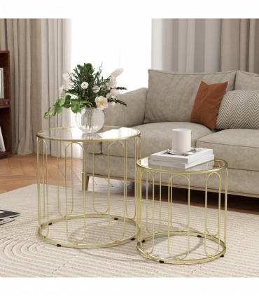 HOMCOM Coffee Table Set of 2, Nest of Tables with Metal Frame, Gold Tone
