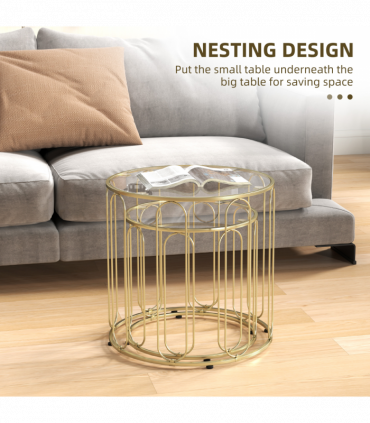 HOMCOM Coffee Table Set of 2, Nest of Tables with Metal Frame, Gold Tone