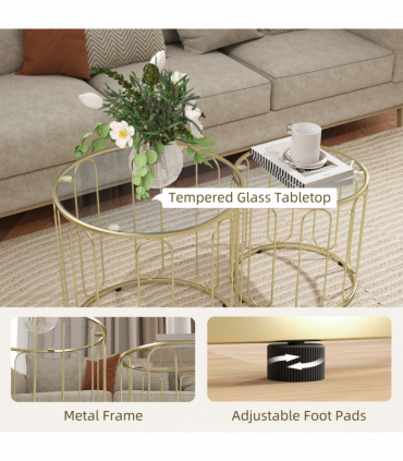 HOMCOM Coffee Table Set of 2, Nest of Tables with Metal Frame, Gold Tone