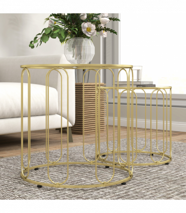 HOMCOM Coffee Table Set of 2, Nest of Tables with Metal Frame, Gold Tone