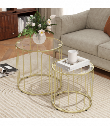 HOMCOM Coffee Table Set of 2, Nest of Tables with Metal Frame, Gold Tone