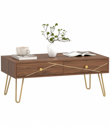 HOMCOM Coffee Table with Drawers, Living Room Table with Steel Base