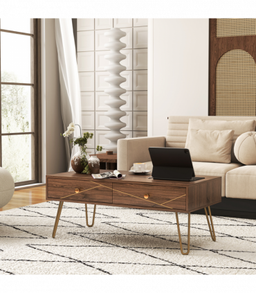 HOMCOM Coffee Table with Drawers, Living Room Table with Steel Base