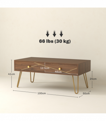 HOMCOM Coffee Table with Drawers, Living Room Table with Steel Base