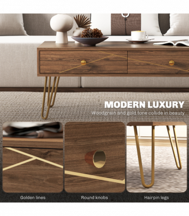 HOMCOM Coffee Table with Drawers, Living Room Table with Steel Base