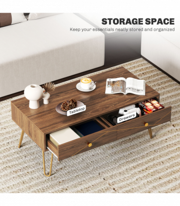 HOMCOM Coffee Table with Drawers, Living Room Table with Steel Base