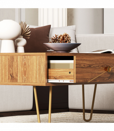 HOMCOM Coffee Table with Drawers, Living Room Table with Steel Base