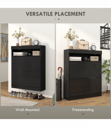 HOMCOM Wall Mounted or Freestanding Shoe Cabinet with 2 Flip Drawers, Black