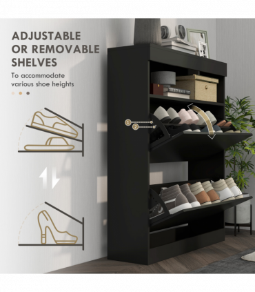 HOMCOM Wall Mounted or Freestanding Shoe Cabinet with 2 Flip Drawers, Black