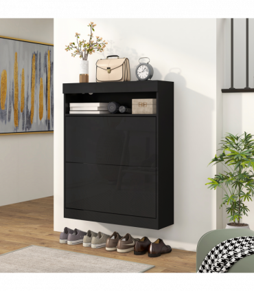 HOMCOM Wall Mounted or Freestanding Shoe Cabinet with 2 Flip Drawers, Black
