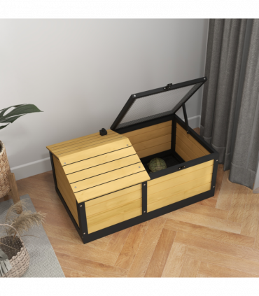 PawHut Wooden Tortoise House, Small Pet Reptile with Hide Shelter Den and Run