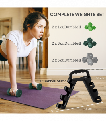 SPORTNOW Dumbbells Set with Storage Rack, 2 x 1kg, 2 x 3kg, 2 x 5kg, Green