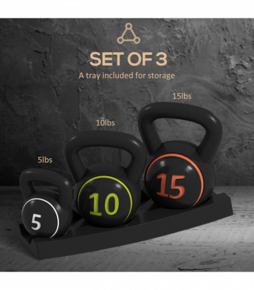 SPORTNOW Set of Three Kettlebell Weights with Storage Tray, 2.2kg, 4.5kg, 6.8kg