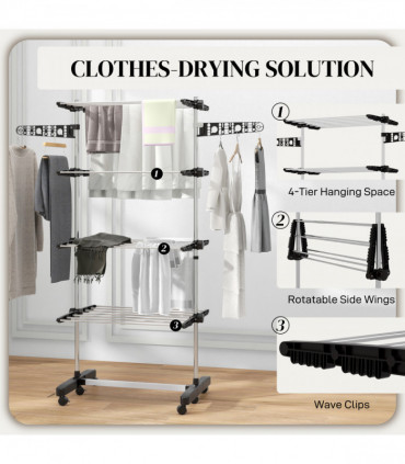 HOMCOM 4-Tier Large Clothes Airer Stainless Steel Clothes Drying Rack Black