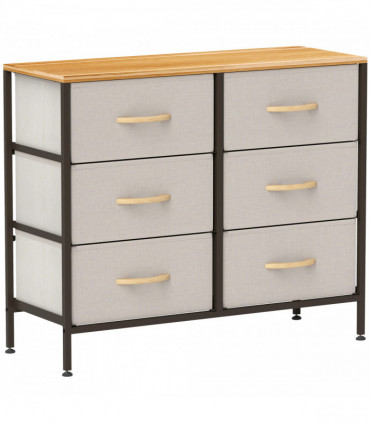 HOMCOM 6 Drawer Fabric Chest of Drawers w/ Wooden Top for Hallway Cream