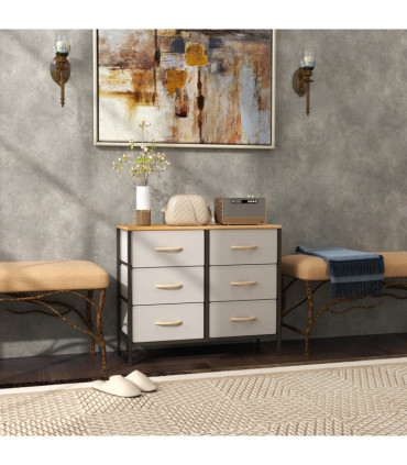 HOMCOM 6 Drawer Fabric Chest of Drawers w/ Wooden Top for Hallway Cream