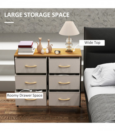 HOMCOM 6 Drawer Fabric Chest of Drawers w/ Wooden Top for Hallway Cream