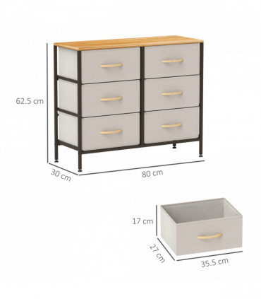 HOMCOM 6 Drawer Fabric Chest of Drawers w/ Wooden Top for Hallway Cream