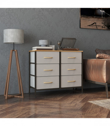 HOMCOM 6 Drawer Fabric Chest of Drawers w/ Wooden Top for Hallway Cream