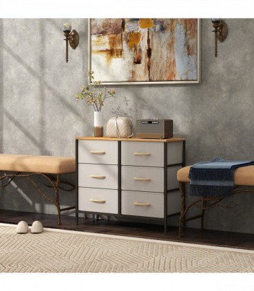 HOMCOM 6 Drawer Fabric Chest of Drawers w/ Wooden Top for Hallway Cream