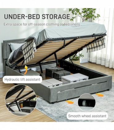 HOMCOM Double Bed Frame with Storage and Adjustable Velvet Headboard