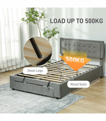 HOMCOM Double Bed Frame with Storage and Adjustable Velvet Headboard