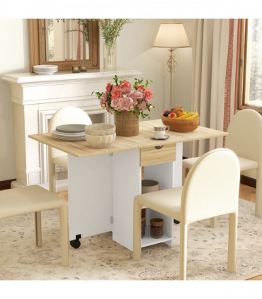 HOMCOM Foldable Dining Table, Drop Leaf Table with Storage for Kitchen, Oak