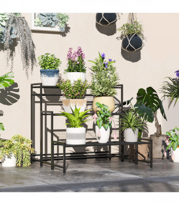 Outsunny 3-Tier Metal Plant Stand, Modern Ladder Shelf for Garden, Black