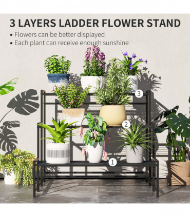 Outsunny 3-Tier Metal Plant Stand, Modern Ladder Shelf for Garden, Black