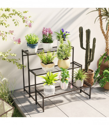 Outsunny 3-Tier Metal Plant Stand, Modern Ladder Shelf for Garden, Black