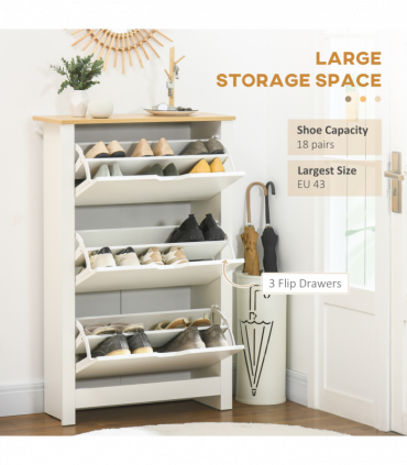 HOMCOM 18-Shoe Storage Cabinet 6 Shelves 3 Drawers Tabletop 4 Legs Modern White
