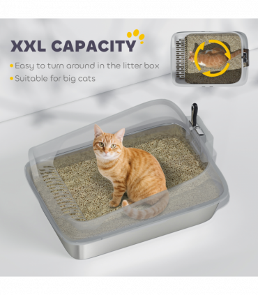 PawHut XXL Stainless Steel Cat Litter Box with High Sides, 70 x 50 x 30 cm