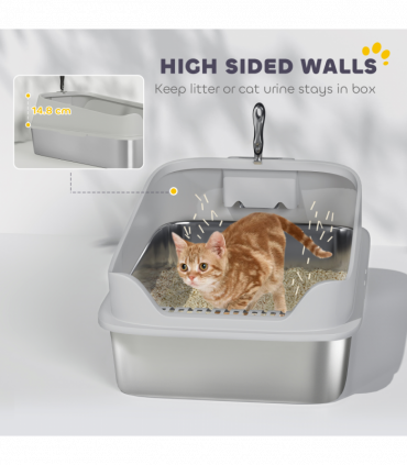 PawHut XXL Stainless Steel Cat Litter Box with High Sides, 70 x 50 x 30 cm