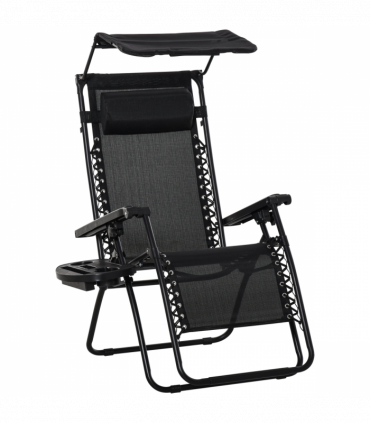 Zero Gravity Folding Sun Lounger Reclining Seat & Cup Holder & Canopy, Black