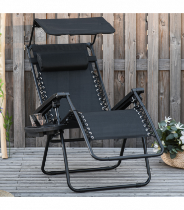 Zero Gravity Folding Sun Lounger Reclining Seat & Cup Holder & Canopy, Black