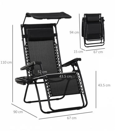 Zero Gravity Folding Sun Lounger Reclining Seat & Cup Holder & Canopy, Black