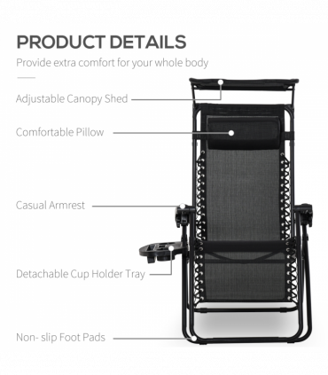 Zero Gravity Folding Sun Lounger Reclining Seat & Cup Holder & Canopy, Black