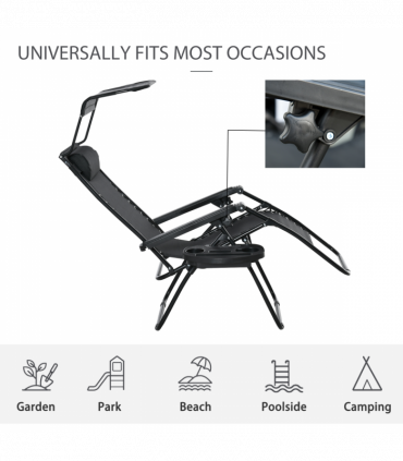 Zero Gravity Folding Sun Lounger Reclining Seat & Cup Holder & Canopy, Black