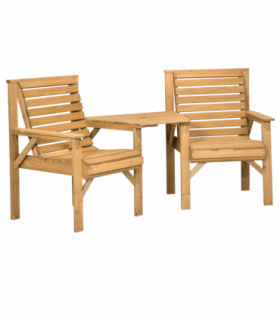 Outsunny Wooden Garden Love Seat w/ Coffee Table Umbrella Hole Partner Bench