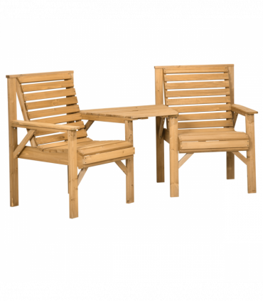 Outsunny Wooden Garden Love Seat w/ Coffee Table Umbrella Hole Partner Bench