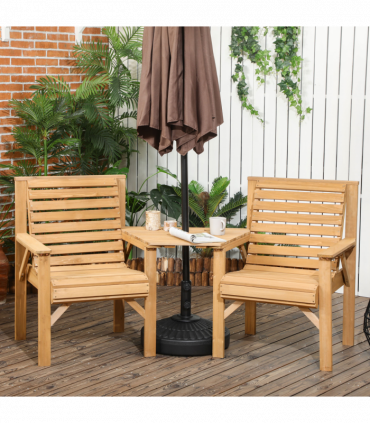 Outsunny Wooden Garden Love Seat w/ Coffee Table Umbrella Hole Partner Bench