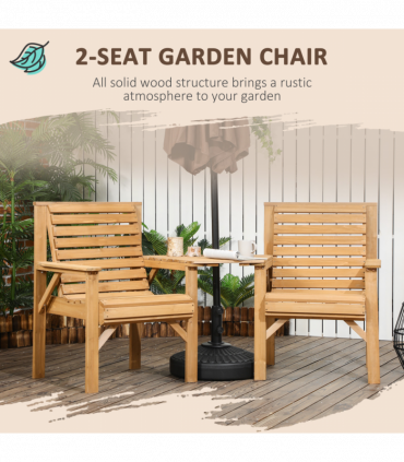 Outsunny Wooden Garden Love Seat w/ Coffee Table Umbrella Hole Partner Bench