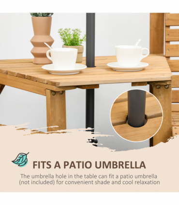 Outsunny Wooden Garden Love Seat w/ Coffee Table Umbrella Hole Partner Bench