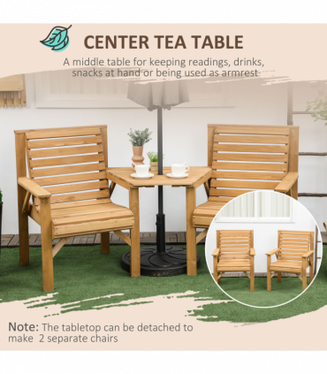 Outsunny Wooden Garden Love Seat w/ Coffee Table Umbrella Hole Partner Bench